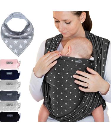 Baby Wrap Carrier Dark Gray with Stars - Baby Carrier for Newborns and Babies Up to 15 Kg - Made of Soft Cotton 95% Cotton / 5% Spandex Dark Grey with stars