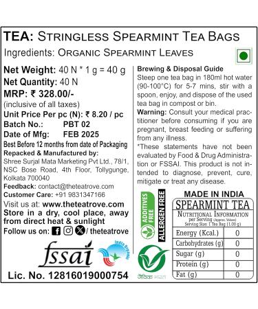 The Tea Trove Organic spearmint tea bags 40 environmentally friendly tea bags 1 piece Organic tea bags with spearmint - Buy Online on GoSupps.com