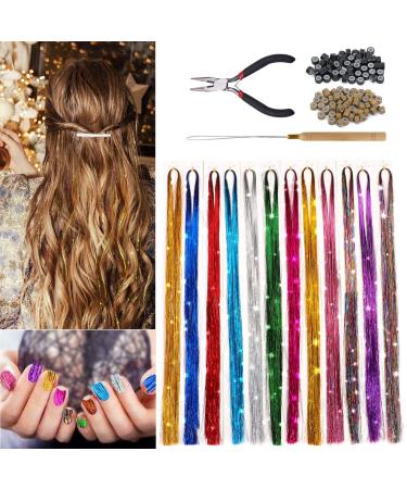 Hair Tinsel Kit Fairy Hair Tinsel Strands With Tools 47 Inches 12Colors 3600 Strands Glitter Sparkling Shiny Hair Extensions Heat Resistant Colorful Rainbow Holographic Hair Accessories for Christmas New Year or Cosplay Party