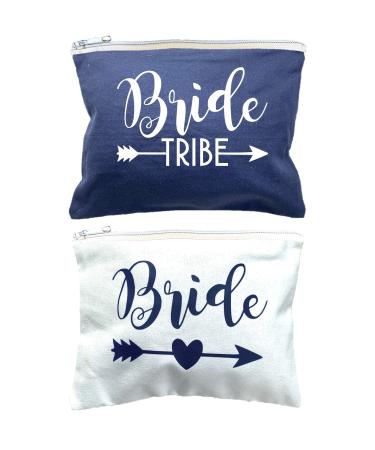 12 PACK SET + 1 BRIDE BAG | AMERIBA Premium XL Natural Cotton Canvas Makeup Bag- Bridesmaids Gifts for the Bachelorette Party or Bridal Shower (White & Navy Blue)