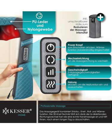 Kesser Neck & Shoulder Shiatsu Massage Device with Heat - 3D Massage for Back Legs & Feet - Portable Gray/Turquoise - Buy Online on GoSupps.com