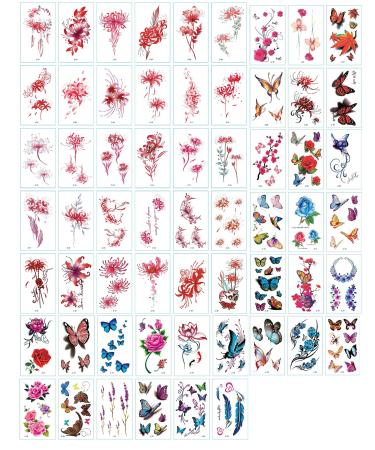XJL 60 Sheets Flowers Butterflies Temporary Tattoos for Women Girls Kids  Water Transfer Flower Floral Butterfly Fake Tattoo Sticker Body Art Decoration