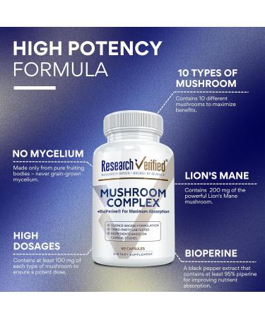Research Verified Mushroom Complex - Support Immunity, Boost Antioxidants, Improve Cognitive Function - 10 Mushrooms Including Reishi, Maitake, and Shiitake - 60 Capsules - Vegan - Buy Online on GoSupps.com