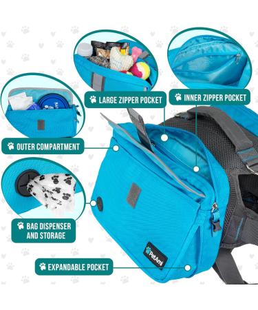 PETAMI Dog Saddle Bag - Medium & Large Dogs Reflective Hiking Pack with Dishes Pockets Safe & Comfortable Vest - Blue - Buy Online on GoSupps.com