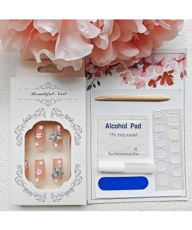 Square Press on Nails - Medium French White Tip 3D Butterfly & Flower Designs Rhinestones - Full Cover Acrylic False Nails for Women - 24Pcs - Buy Online on GoSupps.com