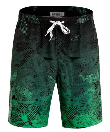 APTRO Men's Swim Trunks Long Swim Shorts Quick-drying Board Shorts Leisure Shorts with Inner Briefs XL Green