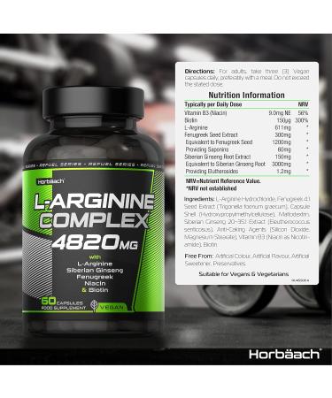 High Strength L-Arginine 4820mg Complex with Ginseng, Fenugreek, Niacin & Biotin - 60 Vegan Capsules by Horbaach - Buy Online on GoSupps.com