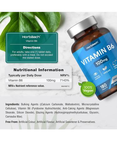 Vitamin B6 100mg 180 Tablets | Hormonal Regulation & Fatigue Support | Vegan Friendly | Horbaach - Buy Online on GoSupps.com