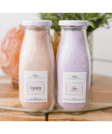 Invigorating & Calming Bath Salt Set. Enjoy Sweet Orange Himalayan Pink Soaking Salt & Lavender Epsom Salt. in Glass Bottles & Made in USA.