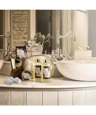 Fathers Day Luxury Home Spa Gift Basket - White Rose & Jasmine Scent - 13 Piece Bath & Body Set for Men & Women - Shower Gel, Bubble Bath, Body Scrub, Salts, 6 Bath Bombs, Pouf, Cosmetic Bag & Gold Tub - Buy Online on GoSupps.com
