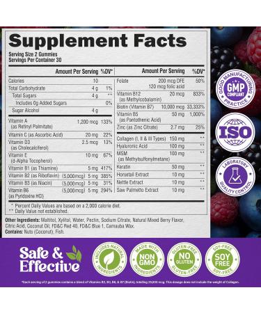 Biotin Gummies with Collagen - Hair Growth Support Skin & Nail Strength - for Women & Men - Biotin 10000mcg | Keratin | Hyaluronic Acid | B-Complex | Saw Palmetto - Sugar-Free Mixed Berry - 60 Gummy Mixed berry 60 Count (  - Buy Online on GoSupps.com