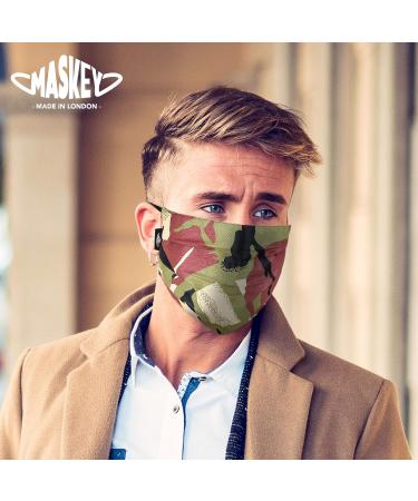 MASKEY Green Camo Washable Face Mask | 3 Layers Blended Cotton | Unisex & Stylish | Made in London UK | Lasts 100+ Washes - Buy Online on GoSupps.com