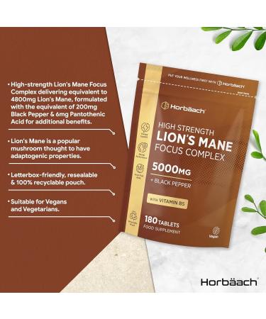 Lions Mane Supplement 5000mg | Focus Complex with Vitamin B5 & Black Pepper | Lion's Mane Mushroom Mental Performance Supplement | 180 Vegan Tablets | by Horbaach - Buy Online on GoSupps.com