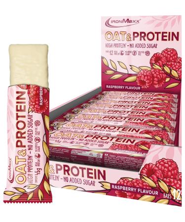Ironmaxx OAT & Protein Bar - Raspberry 12 x 45g |High protein and oat bar without added sugar |Filler and energy supplier Raspberry 12er Tray