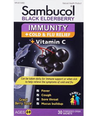 Sambucol Black Elderberry Immunity Powder | Immune Support & Antioxidant | Cold & Flu Relief + Vitamin C | Great Berry Taste | Natural Health Product Ages 4+ | 30 Powdered Drink Sachets