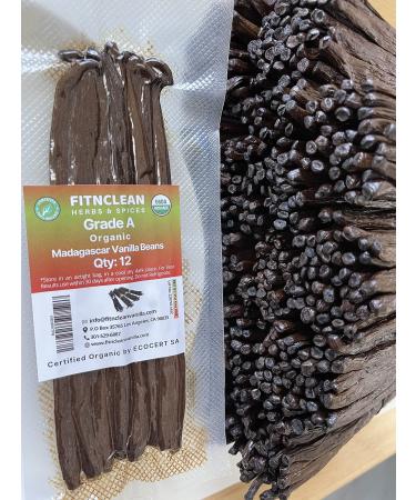 12 Organic Madagascar Vanilla Beans Grade A. Certified USDA Organic 6"-7.5" by FITNCLEAN VANILLA for Chefs, Extract, Baking and Essence. Gourmet Bourbon NON-GMO Whole Pods 12 Count (Pack of 1)