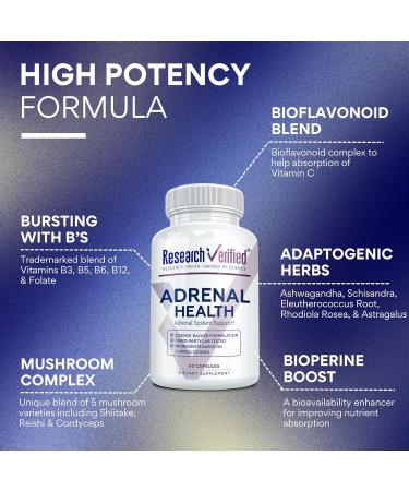 Research Verified Adrenal Support - 60 Capsules - Support Adrenal Gland Function Boost Energy Balance Cortisol - Mushrooms B-Vitamins Bioflavonoids BioPerine 1 - Buy Online on GoSupps.com