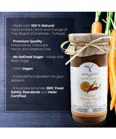 ATIYE LACIN Carrot Jam with Orange (Portakalli Havuc Receli) | Made by 100% Natural Hand-picked Carrot & Orange | Preservative Colorant Thickener Additive Free | No Refined Sugar | 100% Vegan | 250g - Buy Online on GoSupps.com