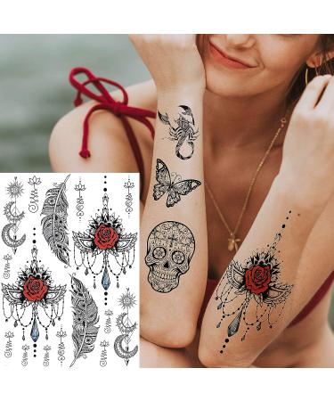 EGMBGM 28 Sheets Tribal Black Temporary Tattoos for Women - Waterproof Fake Tattoos with Owl, Elephant, Ganesha, Lace, Indian Bohemia Lotus Mandala Flower Designs - Underboob, Boobs, Moon Neck Tattoo Stickers for Adults - Buy Online on GoSupps.com
