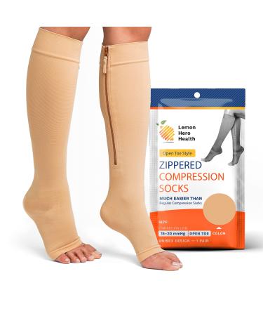 Lemon Hero Medical Compression Socks - Open Toe 15-20 mmHg Zipper Compression Stockings for Men and Women  Lightweight compression socks for Pregnant Women & Nurses  Large, Beige 1 Pair Large Beige