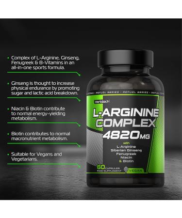 High Strength L-Arginine 4820mg Complex with Ginseng, Fenugreek, Niacin & Biotin - 60 Vegan Capsules by Horbaach - Buy Online on GoSupps.com