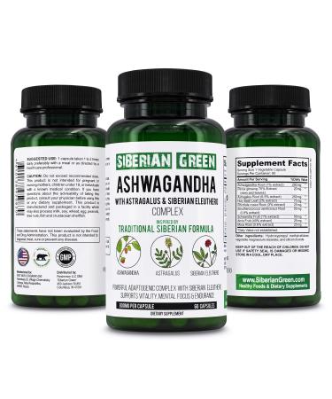 Siberian Green Organic Ashwagandha Root with Astragalus & Siberian Eleuthero Ginseng Complex 60 Capsules Powerful Herbal Support