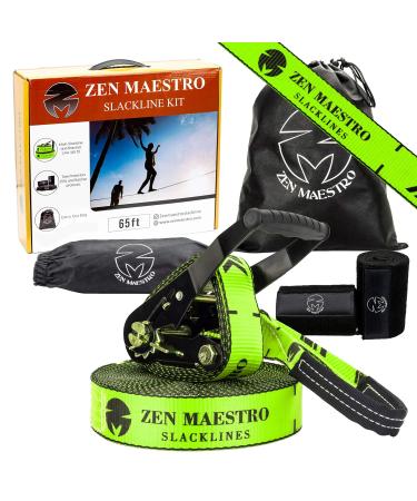 Slackline kit 65ft Complete with Tree & Ratchet Protectors Optional Training Line Arm Trainer Carry Bag, Zen Maestro Instruction Booklet Outdoor Backyard Fun for All Slackline Without Training Line