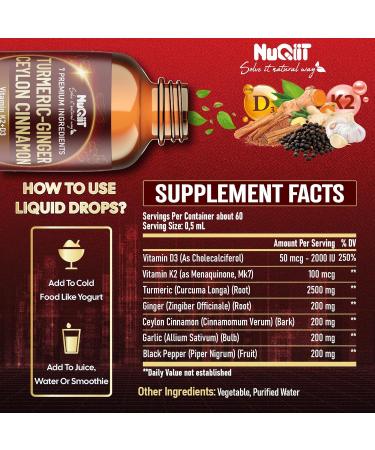7in1 Liquid Turmeric Curcumin with Vitamin D3 Vitamin K2 Ginger Ceylon Cinnamon Garlic Black Pepper - Drops Extract - 2 Month Supply - Buy Online on GoSupps.com