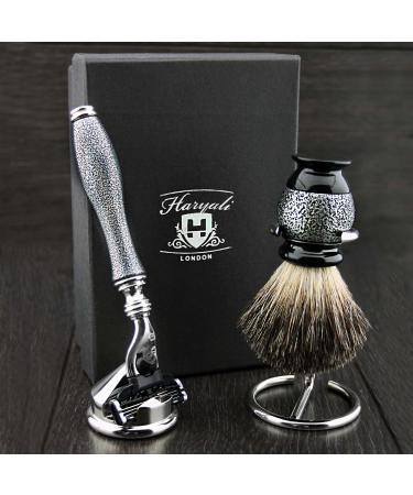 4 Pc Mens Shaving Kit 3 Edge Razor With Black Badger Hair Shaving Brush Razor Stand and Brush Stand Perfect Set For Men