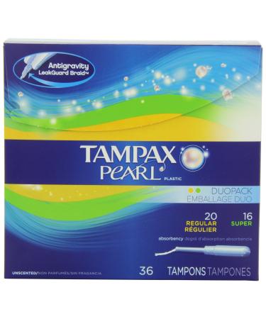 Tampax Pearl Plastic Tampons Duopack (Regular/Super) Unscented 36 Count Pack of 1 36