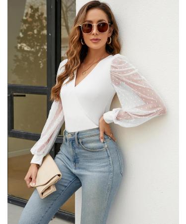 Fayenne Womens Tops Deep V Neck Cross Wrap Sexy Tops Polka Dot Mesh Long Sleeve T Shirt Casual Blouses M White - Buy Online on GoSupps.com