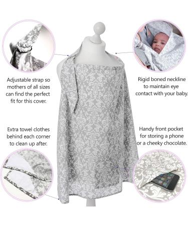 Grey Damask Adjustable Strap Breastfeeding Cover - Breathable Cotton - Boned Nursing Cover with Storage Bag & Towel Corners - Buy Online on GoSupps.com