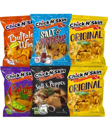 Chick N’ Skin Fried Chicken Skins - Variety Pack (6 Count) 2 of Original 1 of Chili Lime Salt & Vinegar Salt & Pepper Buffalo Wing  Crispy Keto Low Carb High Protein Snacks Made in US 2oz