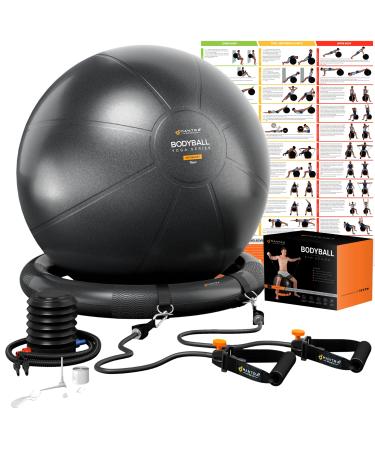 Exercise Ball Chair, Yoga Ball Chair With Resistance Bands, Pregnancy Ball with Stability Base & Poster. Balance Ball Chair Pilates Ball for Fitness, Home Gym, Physio, Birthing, Office & Working Out Black 65cm (Height 5'4" - 5'10")