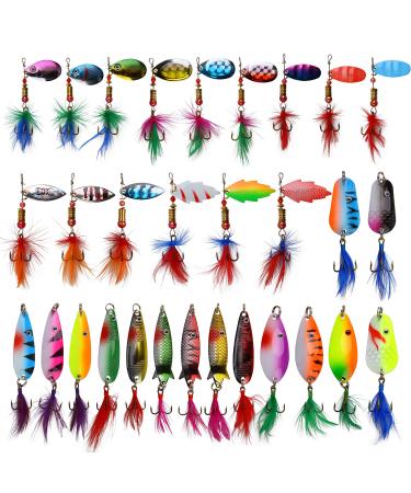Rooster Bait Tail Spinner Fishing Lures Kit,30pcs Metal Spoon Lures with Feathered Treble Hooks for Bass Walleye Trout Freshwater Saltwater
