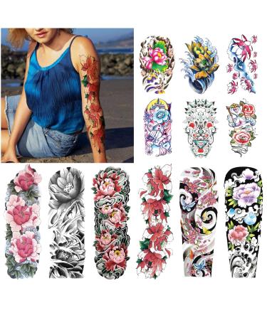 Kotbs 12 Sheets Full Arm Temporary Tattoo, Sexy Temporary Tattoos for Men Women Girls Flowers, Waterproof Full Arm and Half Arm Sleeves Body Tattoo Stickers Floral