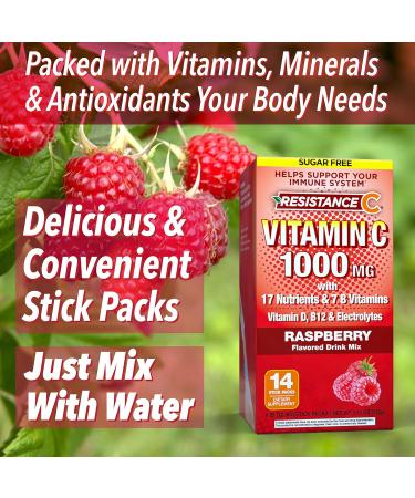 Resistance C Vitamin Stick Packs - Immune Support with 16 Nutrients, 7 B Vitamins, Antioxidants, Electrolytes - Raspberry Flavor - 14 Stick Packs - Buy Online on GoSupps.com