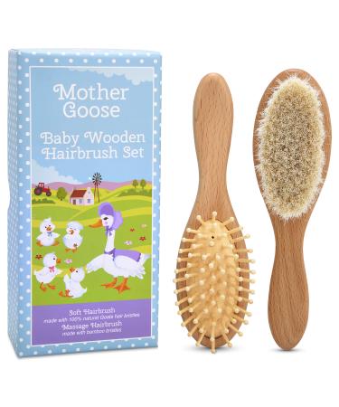 Yellodoor All-Natural Baby Hair Brush Set | Set of Two Wooden Brushes in Presentation Gift Box | Super Soft Goat Hair Bristles | Perfect Cradle Cap Brush for Babies