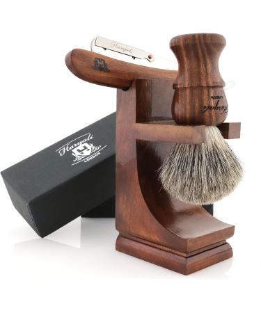 Haryali London Men's Wooden Shaving Set - Straight Razor Black Badger Hair & Stand | Best International Shipping - Buy Online on GoSupps.com