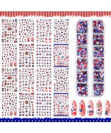 16 Sheets 4th of July Patriotic Nail Art Stickers Independence Day Nail Decals 3D Self-Adhesive American Flag Nail Sticker and 12 Grids Star Glitter Nail Sequins Independence Holographic Nail Confetti