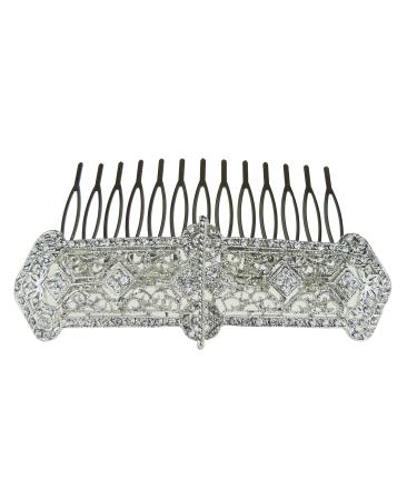Womens Sparkly Rhinestone Crystal Diamante Metal Byzantine Style Vintage Look Ornate Bridal Bride Bridesmaid Wedding Tiara Flower Thick Long Hair Jewelry 9cm Side Slide Comb Headpiece Silver