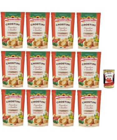 Panealba Crostini Pomodoro e Basilico Tomato and Basil Croutons, Salty Snack, Not Fried, 12 x 100 g, with Gourmet Italian Polpa 400 g