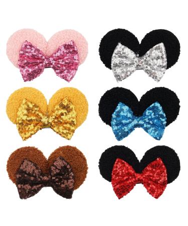Qearl 6 Pieces Sequin Mouse Ears Hair Clips Mouse Hair Bows with Alligator Clips Hair Accessories for Theme Park Costume Party Decoration for Toddlers Girls Double Ear