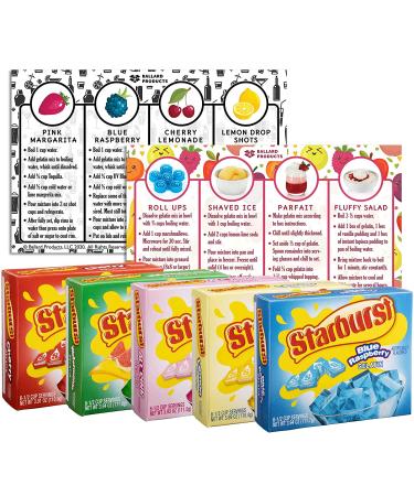 Starburst Gelatin Variety Pack of 5 | 1 Box Each - Watermelon  Blue Raspberry  All Pink Strawberry  Lemon and Cherry | Bundled with Ballard Jello Shot Recipe Card and Ballard Cold Treats Recipe Card - Buy Online on GoSupps.com