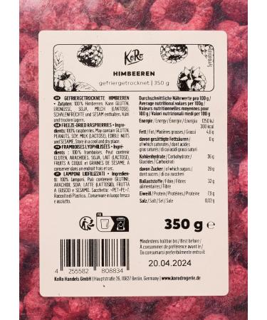 KoRo - Framboises lyophilis es 350 g - 100 % framboises sans additifs - Riche en fibres - Fruit et aromatique - En garniture pour le muesli les chocolats ou comme collation entre les repas - Buy Online on GoSupps.com