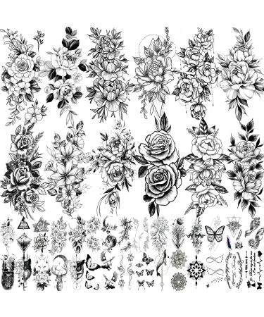42 Sheets 3D Flowers Temporary Tattoos for Women, Fake Tattoos Body Art Arm Sketch Tattoo Stickers for Women and Girls 02-42 sheets