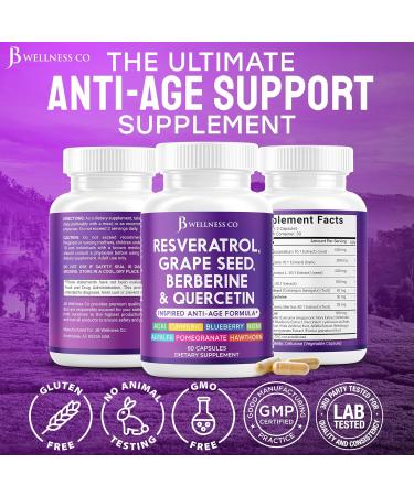 JB Wellness Resveratrol Grape Seed Extract Berberine Quercetin - Polyphenol Supplement for Women and Men with Noni Extract N-Acetyl Cysteine Acai Extract - 60 Capsules 60 Count (Pack of 1) - Buy Online on GoSupps.com