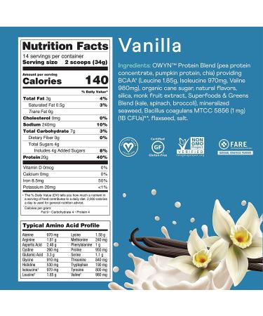 OWYN Plant-Based Protein Powder - Smooth Vanilla, 1.05 lbs | Vegan & Clean Nutrition - Buy Online on GoSupps.com