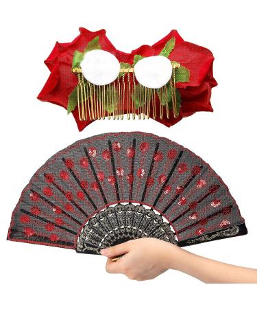 Women Rose Flower Hair Clip & Sequins Fabric Folding Fan Set for Flamenco Dancer Costume & Halloween Cosplay - Buy Online on GoSupps.com