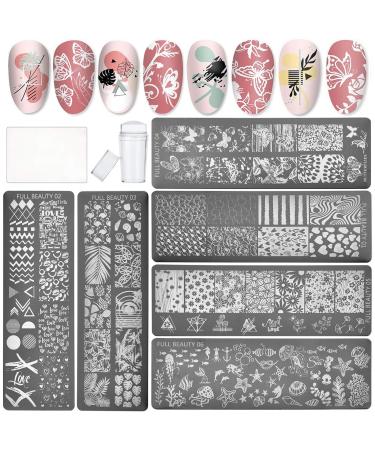 NICENEEDED 8Pcs Nail Stamping Tools Kit Nail Art Plate Kit Included 8Pcs Nail Art Stamping and Nail Plate Stamper Nail Scraper with Flower Marine Geometric Leaves Image Plates for DIY Nail Decoration Style 0